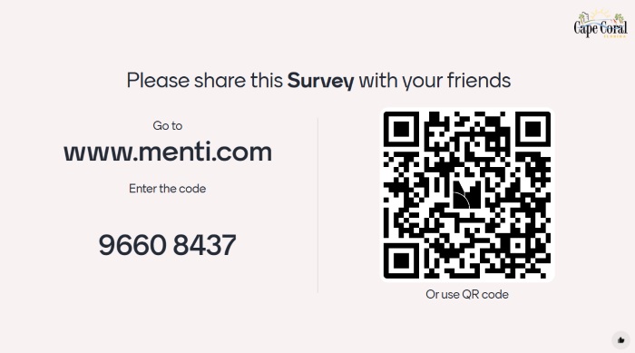 Please participate in this survey. Go to menti.com and enter the code 9660 8437, or scan the QR code